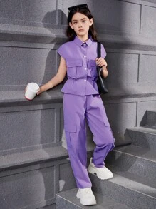 Tween Girl 纯色休闲短袖上衣和长裤套装，日常装扮