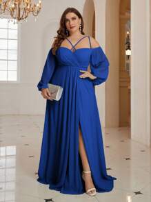 SHEIN Belle Off-Shoulder Long Sleeve Elegant Bridesmaid Dress Plus Size Bridesmaid Dress - Royal Blue - View 4