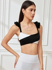 SHEIN Sports Women Contrast Color Patchwork Ruffle Sports Bra - Black and White - View 8