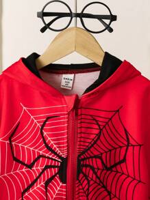 SHEIN Girls' Spider Web Pattern Print Casual Loose Hooded Long Sleeve Jacket, Suitable For Party And Gathering