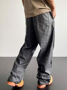 Manfinity Roghcode Men's Dark Streetwear Elastic Denim Effect Camouflage Printed Texture PU Leather, With Metal Buckle Decoration At The Hem, Multiple-Pocket Loose Fit Cargo Pants ,Streetwear ,Y2k Pants ,Baggy Pants - Dark Grey - View 10