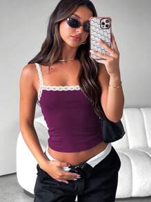 INAWLY Women Contrast Color Lace Decor Simple Daily Camisole Top - Multicolor - View 3