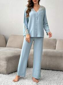 Women's Contrast Lace Cardigan And Pajama Set
