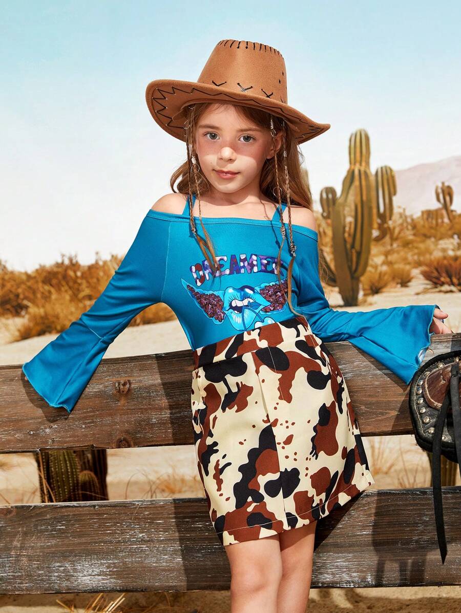 SHEIN 2pcs/Set Toddler Girls' Off Shoulder Floral Print Long Sleeve Top And High Waist Camo Skirt Set, Spring Autumn