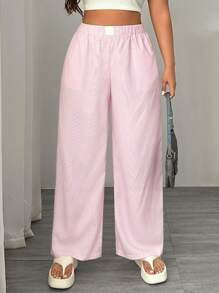 SHEIN EZwear Plus Size Spodnie w różowe i białe paski na co dzień