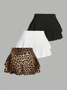 SHEIN EZwear 3-delige damesskortset in effen kleur en luipaardprint met laagjes