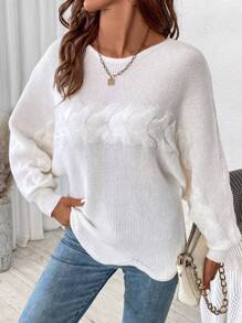 SHEIN LUNE 女士休闲圆领长袖针织套头衫，秋冬款 - 白色 - 查看 1