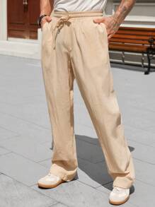 Manfinity Homme Men's Casual Solid Color Drawstring Waist Pants - Apricot - View 3