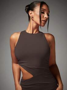 SHEIN BAE Vestido mini de fiesta fruncido con abertura alta asimétrica y calado hecho de tejido elástico de punto para mujer