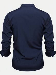 Men's Linen Button-Up Long Sleeve Shirt For Casual Or Beach In Summer, Breathable, Antibacterial - Blue - View 2