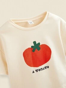 THE HAPPY LOOK Koszulka dla młodej dziewczyny z nadrukiem jabłka, dzianinowa, prosta, swobodna, beżowa, z okrągłym dekoltem i krótkim rękawem, na powrót do szkoły, wiosna/lato - Żółty - Zobacz 6