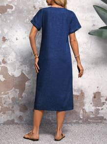 SHEIN LUNE Women's Solid Color Simple Casual Dark Color Round Neck Short Sleeve Denim Dress