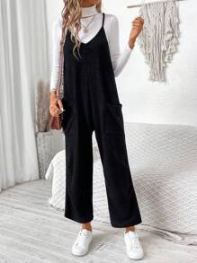 SHEIN LUNE Women Solid Color Pocket Casual Daily Jumpsuit - Black - View 4