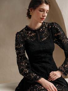 Anewsta 欧式宫廷风纯黑色碎花蕾丝长袖连衣裙