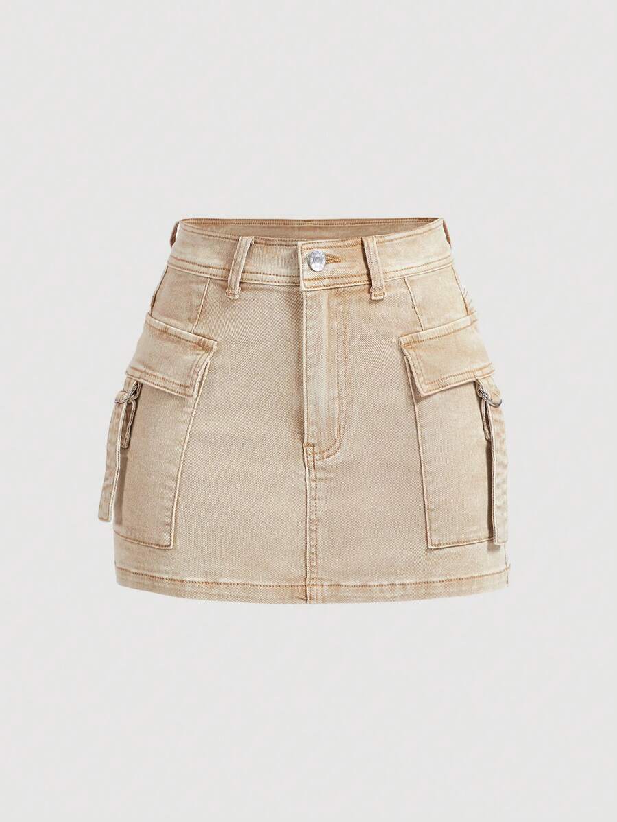 SHEIN MOD Women's Denim Skirt With Pocket Design - Khaki - View 1