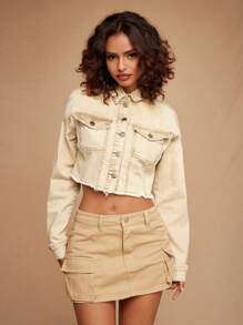 Forever 21 Flap Pocket Raw Hem Crop Denim Jacket - Khaki - View 2