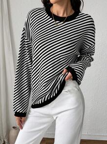 SHEIN LUNE Striped Casual Long Sleeve Pullover Sweater, Knit Pullover Fall Winter - Black and White - View 3