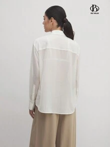 BizChic Women's Business Office Work Ruffled Decoration Loose Casual Shirt, Light Beige Color Button Down Long Sleeve Blouse