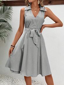 SHEIN LUNE Women Striped Tie-Up Midi Dress - Multicolor - View 3