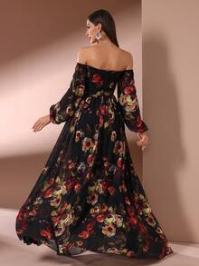 女士花卉印花露肩长款晚礼服 - 彩色 - 查看 2