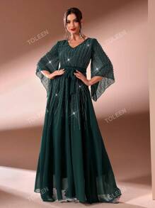 Vestido largo de mujer con escote en V, sin mangas, con brillos, vestido de fiesta, vestido de invitada de boda, vestido formal, vestido de noche