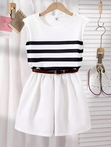 2pcs Tween Girls' Colorblock Striped Crew Neck Sleeveless Top And Shorts Set, Mommy And Me - White - View 3