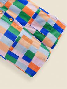 SHEIN Young Girl Colorful Plaid Print Linen Fabric Casual Resort Style Collared Short Sleeve Romper, Spring/Summer - Multicolor - View 6