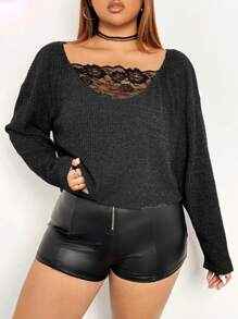 SHEIN ICON 大码纯色蕾丝边长袖 T 恤