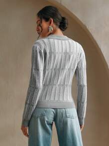 Anewsta Women's Casual Gray & White Contrast Color Hollow Knit Sweater