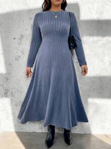 SHEIN LUNE Vestido de punto acanalado de unicolor simple de uso diario para mujer de talla grande - Azul - Ver 5