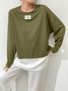 Mulvari Áo thun tay dài cổ tròn in chữ ngoại cỡ thường ngày dành cho nữ, Xuân Hè - màu xanh lá - Xem 4