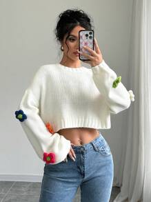 Chiquease Women's Floral Decor Oversized Round Neck Drop Shoulder Loose Casual Sweater, Autumn Winter
