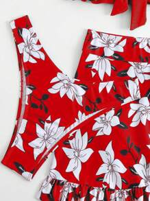 Swim Lushoire 2pcs/Set Random Print Tankini Swimsuit - Red - View 5