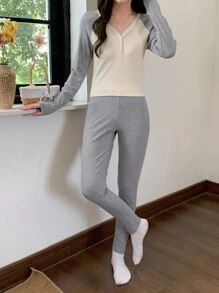 DAZY Color-Block Knit Dolman Sleeve Cropped Top & Home Leisure Shorts Set Pajama - Grey - View 3