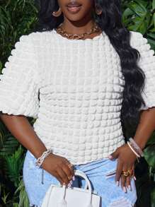 Slaydiva 2024 New Casual Basic Women's Textured Checked Round Neck Puff Sleeve White Short Sleeve Top