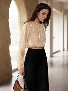 SHEIN Privé 亮面面料褶皱下摆泡泡袖长袖衬衫 - 淺粉色 - 查看 7