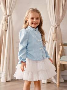 SHEIN 2 piezas Conjunto de chaqueta de manga larga con jacquard y vestido de malla para niñas, primavera otoño - Blanco - Ver 6