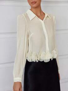 Aveloria Modichic Loose Fit Retro Ruched Single-Breasted Cropped Blouse With Floral Decor - Apricot - View 6