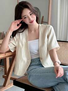 DAZY Solid Color V-Neck Short Sleeve Fitted Blouse For Women