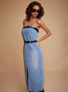 Forever 21 Casual Sexy Button Front Empire Waist Denim Midi Dress, Washed - Blue - View 6