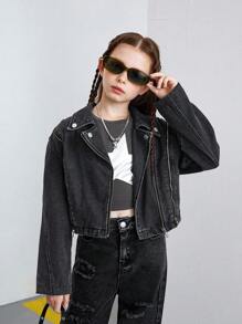 SHEIN Explorewe Girls' Vintage Stand Collar Triple Zipper Design Short Jacket