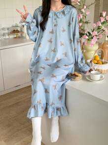 DAZY Cute Bear Pattern Ruffle Hem Loose Sleep Dress, Moo Moo, Fall Pajama, Winter - Blue - View 9
