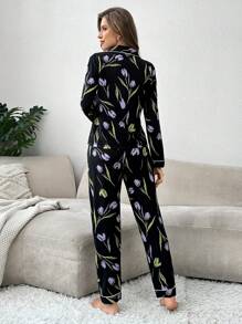 CottageSlumber Women's Tulip Print Long Sleeve Button-Up Top & Pants Pajama Set, Fall Winter Clothes - Black - View 2