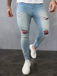 Manfinity LEGND Men's Light Blue Washed Distressed Slim Fit Denim Jeans - Light Wash - View 6