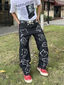 Manfinity EMRG Vaqueros de mezclilla casuales simples con decoración de línea en forma de letra para hombres estilo Y2K - Negro - Ver 4