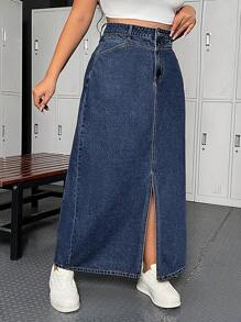 SHEIN EZwear Plus Size Women Plain Simple Everyday Split Hem Denim Mini Skirt - Dark Wash - View 4