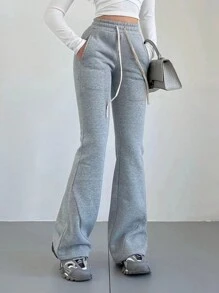 INAWLY Solva 女士纯色抽绳口袋休闲直筒运动裤 - 深灰色 - 查看 2