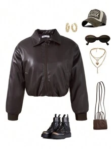 Tween Girls Spring/Autumn Solid Color Collared Bomber Jacket Short PU Coat