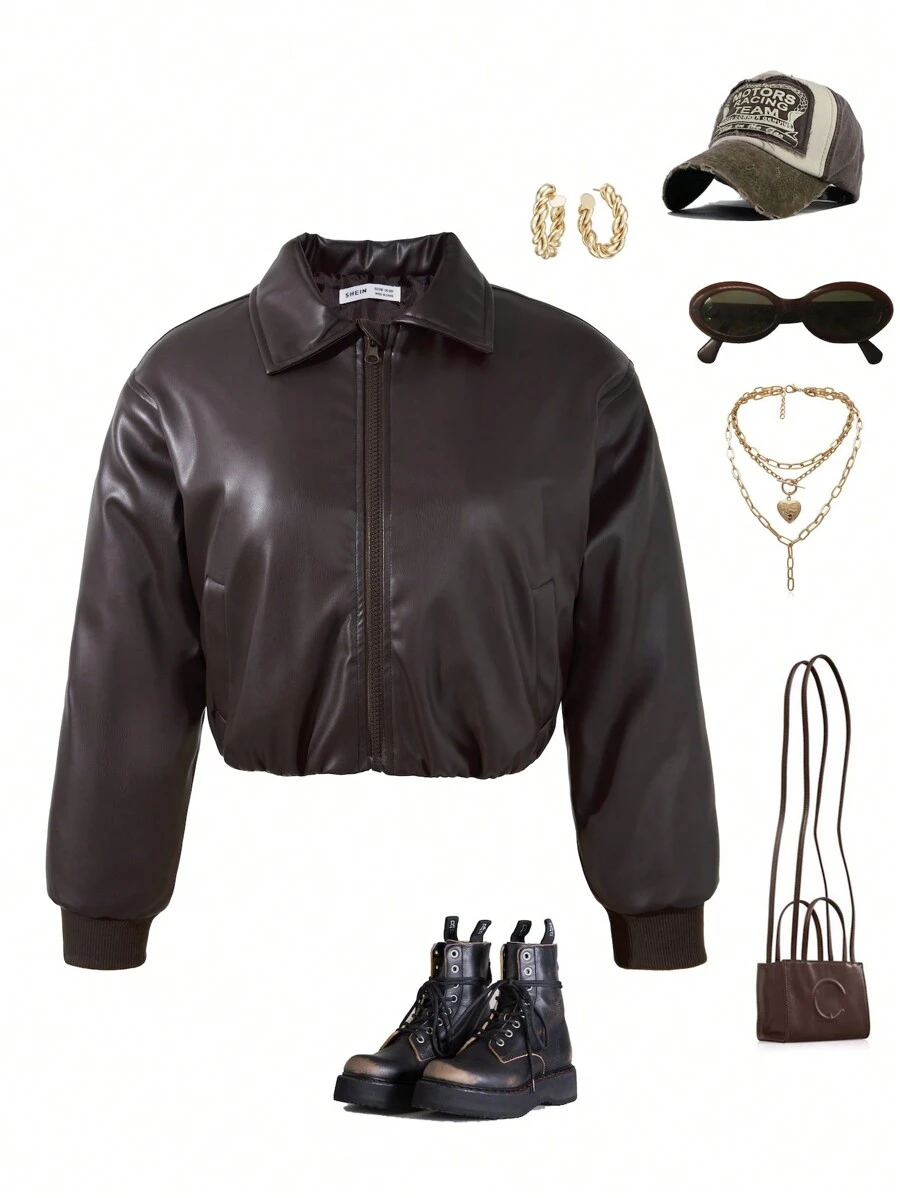 Tween Girls Spring/Autumn Solid Color Collared Bomber Jacket Short PU Coat