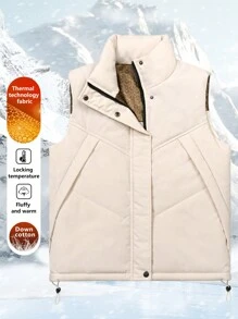 SHEIN Unity Stand Collar Thick Padded Vest With Large Pockets - Apricot - View 1